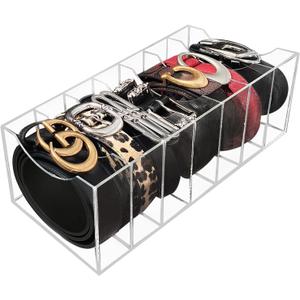 Belt Organizer Storage for Closet, Acrylic Belt Holder Box with 7 Compartments for Drawer, Clear Tie Display Case for Men Women, Home Organization