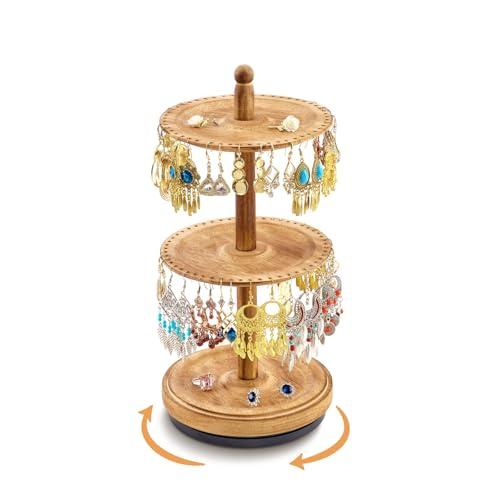Earring Holder Organizer, Rotating Solid Wood Earring Organizer Stand for Women Girls, 3-Tier Jewelry Holder Tree With 102 Holes for Display, Gifts for Her