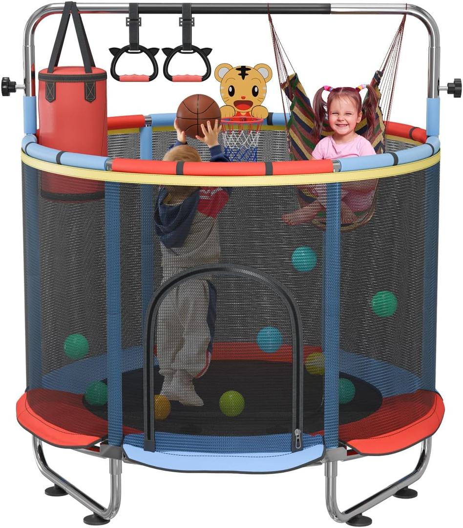 60" Trampoline for Kids, 5FT Kids Trampolines Indoor & Outdoor | Toddler Trampolines with Enclosure Net, Adjustable Baby Trampoline Playset with No-Gap Design, Gifts for Boys & Girls