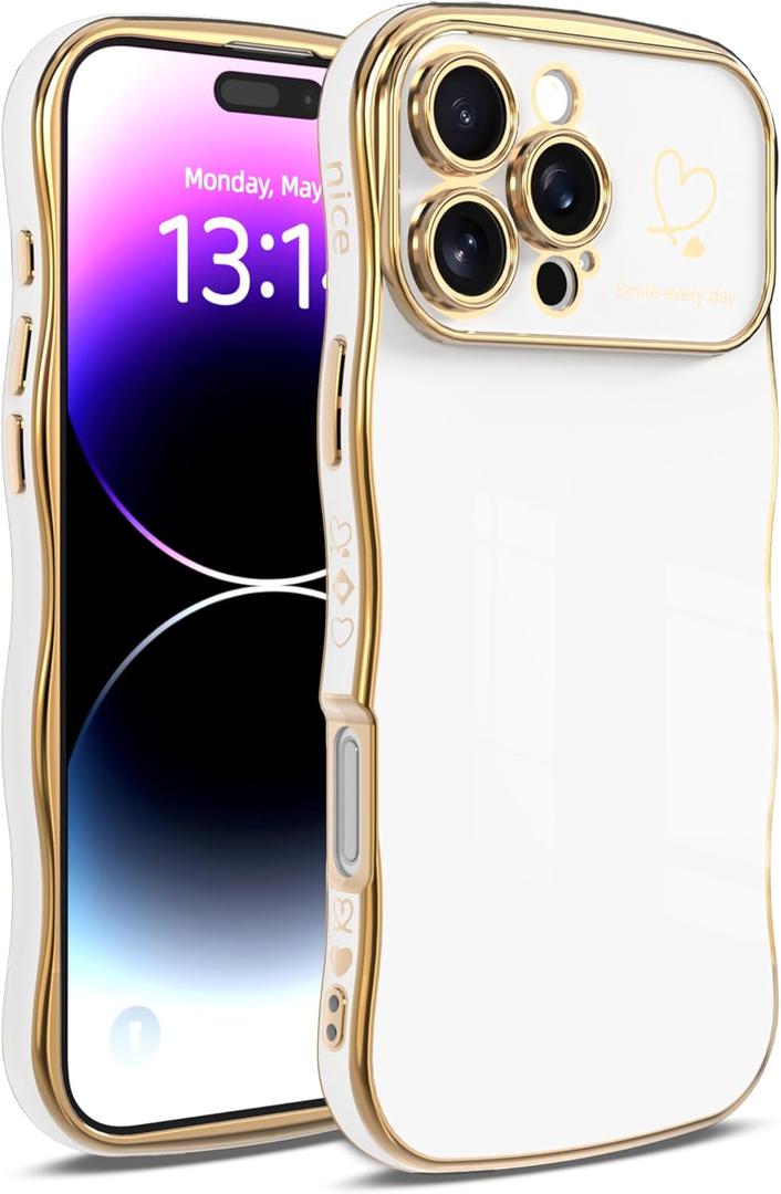 for iPhone 14 Case for Women & Girls - Cute Wave Design with Curly Shape, Heart Pattern, Raised Camera Protection, Luxury Plating, ShockproofiPhone 14, White