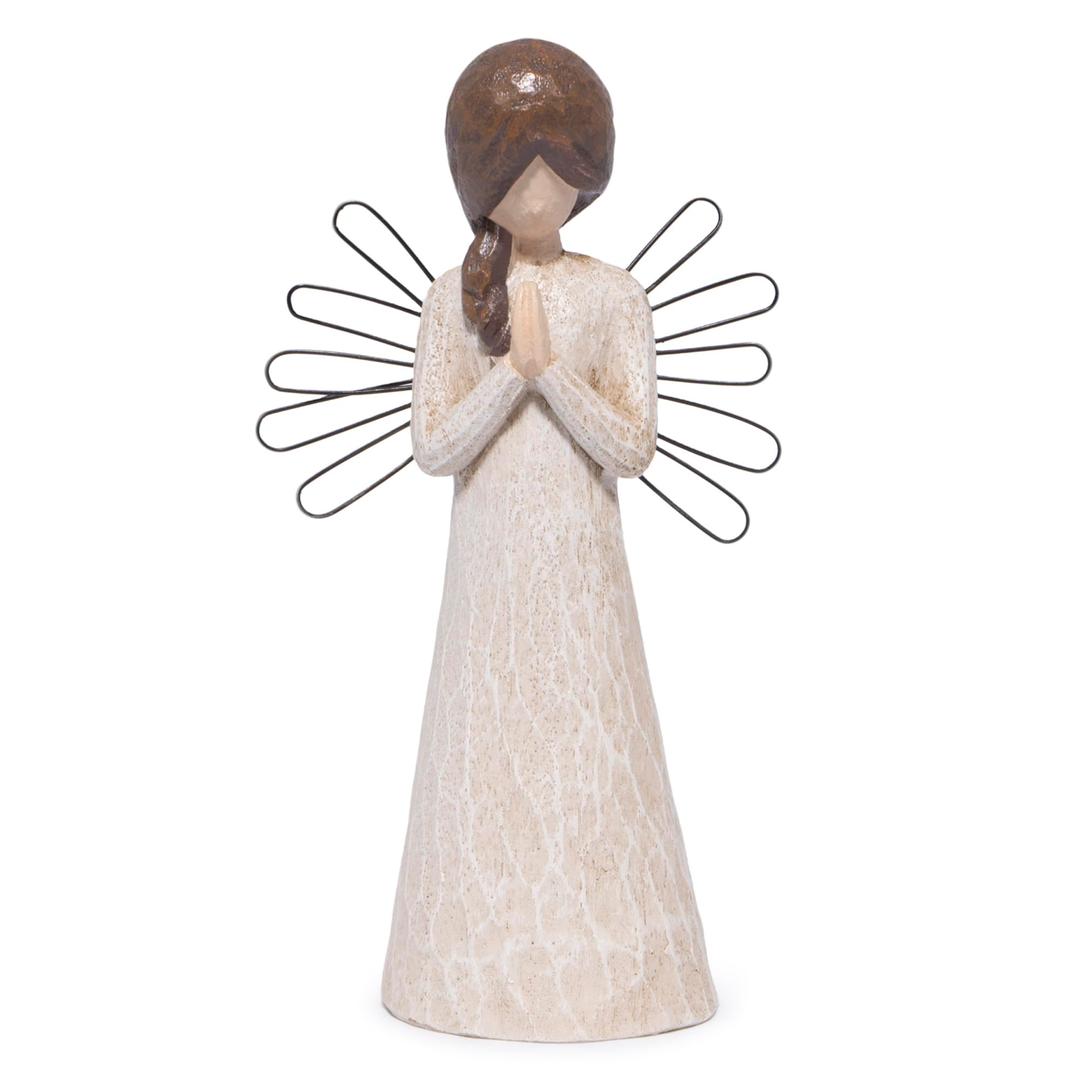 Hodao Praying Angel Figurine, 5.1in Hand-Painted Resin, Rustic Wood-Carved Look with Metal Wire Wings, Small Tabletop Decor for Home Indoor, Spiritual Figurines & Ornaments, Sympathy Gift