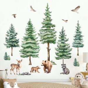 decalmile Large Pine Tree Wall Decals Woodland Animal Bear Wall Stickers Baby Nursery Kids Room Bedroom Wall Decor