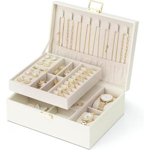 Vlando Jewelry Organizer,2 Layer Jewelry Box Large Jewelry Organizer for Women Removable Jewelery Tray with Watch Pillow for Necklace Earrings Rings Bracelets(Cream White)