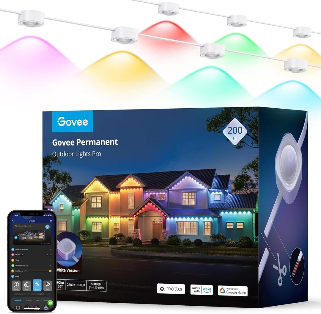 Govee Permanent Outdoor Lights Pro, 200ft with 120 RGBIC LED Lights for Daily and Accent Lighting, 75 Scene Modes for Outdoor Decor, IP67 Waterproof, Works with Alexa, Google Assistant, Matter, White
