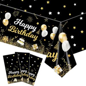 MRJ 3 Pack Gold and Black Happy Birthday Tablecloths 54"x108" Star Birthday Table Cover for Kids Boys Girls Baby Shower