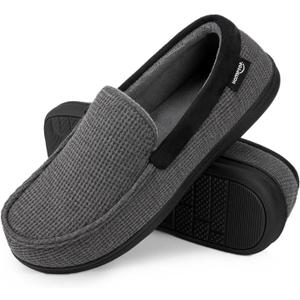 HomeTop Men's Comfort Memory Foam Moccasin Slippers, Breathable Cotton Knit Terry Cloth House Shoes for Indoor Outdoor (Gray)