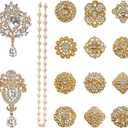 Yhsheen Rhinestone Brooches Crystal Brooch Pins, Pearl Crystal Wedding Bouquet kit Set (Gold-14pcs)