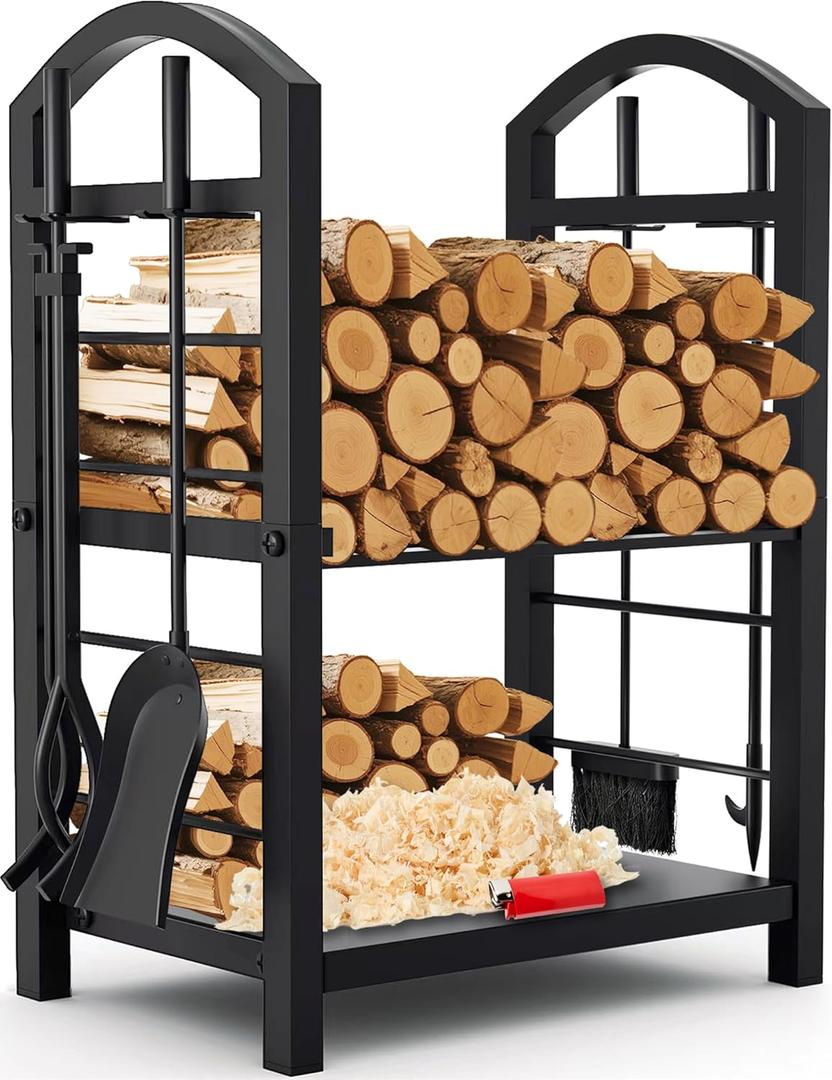 AMAGABELI GARDEN & HOME Firewood Rack Indoor with Tools 5-Piece Fireplace Tools Set Wood Holder Outdoor Wrought Iron Log Holder Heavy Duty Firewood Storage Rack for Fireplace,Fire Pit,Wood Stove Black