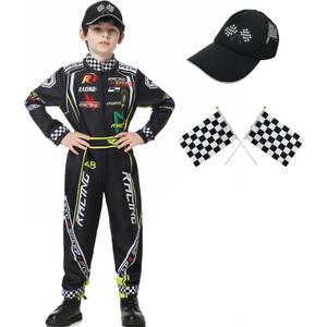 Race Car Driver Costume Boys Racer Jumpsuit With Car Cap Kids Dress Up for Halloween (S(for height 46"-49"), Black)