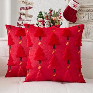 Kevin Textile Christmas Tree Pillow Covers 18x18 Inch Set of 2 Twinkle Golden Star Embroidery Soft Plush Faux Fur Throw Pillowcases for Couch Sofa Holiday Festivals Winter Xmas Gift, Red