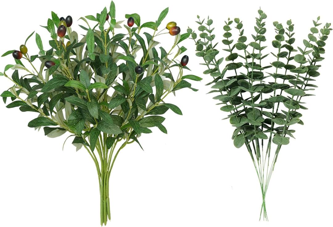 16Pcs Faux Olive Branches&Eucalyptus Branches, 18''Artificial Olive Stems 15''Eucalyptus Stems,Perfect Greenery for Vase,Centerpieces,Spring Decor,Home Decoration for Dining Room&Living Room