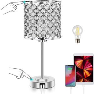 GyroVu Crystal Table Lamp, Touch Control Table Lamps with USB C+A Ports - 3 Way Dimmable Bedside Lamp with Bulbs, Crystal Nightstand Lamp Modern Light for Bedroom, Living Room, Bulb Included (17", Silver)