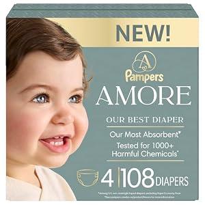 Pampers Amore, Size 4 (15-34 lbs), 108 Count, Our Best Diaper – Hypoallergenic & Fragrance Free, Up to 100% Leakproof, Soft as Cashmere