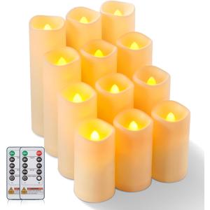 Raycare 12pcs Large Waterproof Outdoor Flameless Candle, Battery Operated LED Candles with Remote Control and Timer, Flickering Electric Fake Plastic Pillar Candles, Ivory, D 2.2" x H 4" 5" 6" 7"