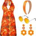 SATINIOR 4 Pcs 60s 70s Women's Hippie Costume Retro Disco Outfit Groovy Dress Headband Earring Sunglasses for Halloween Party (Red, M)