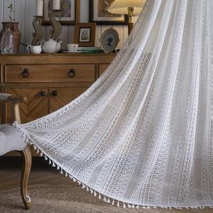 Sutuo Home White Boho Curtains Crochet Lace Semi-Sheer Bohemian Hollow Knitted Handmade Tassels, Rod Pocket Window Treatment Vintage Rustic Farmhouse Drapes for Glass Slide Door, 1 Panel 59" W x 90" L