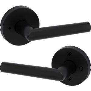 Kwikset Milan Interior Privacy Door Handle with Lock, Door Lever For Bathroom and Bedroom, Matte Black Reversible Keyless Push Button Lock Door Lever