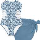 Girls Swimsuit, Adjustable Straps Cut Out One Piece Bathing Suit with Solid Color Cover Up Skirt Girls' Swimwear (13-14 Years, Blue Printed)