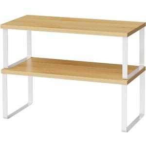 Cabinet Shelf Organizers, 15.7 inches Large Kitchen Counter Shelf, Set of 2 Wood Kitchen Pantry Organizer, Storage Shelves for Countertop, Spice Rack, Stackable, Expandable, Metal White, Nature