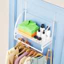 Over The Door Clothes Hanger Drying Rack, Over Door Drying Rack with Storage Basket and Hooks for Hanging Towels, Coats & Clothes, Door Hanger Organizer for Bathroom Laundry Dorms Washroom (White)