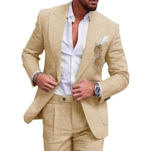 UNINUKOO Linen Suit for Men Summer Wedding 2 Piece Suit Set Peak Lapel Casual Blazer Pants Beach Wear for Men (Beige, Large)