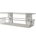 Wall-mounted organizer designed to hold shower essentials like shampoo, body wash, and soap.