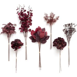 Ling's Moment Artificial Greenery Stems Box Set, 35pcs with 7 Kinds of Faux Flowers Picks for DIY Bridal Bouquets Wedding Floral Arrangement Table Centerpieces, Moody Burgundy