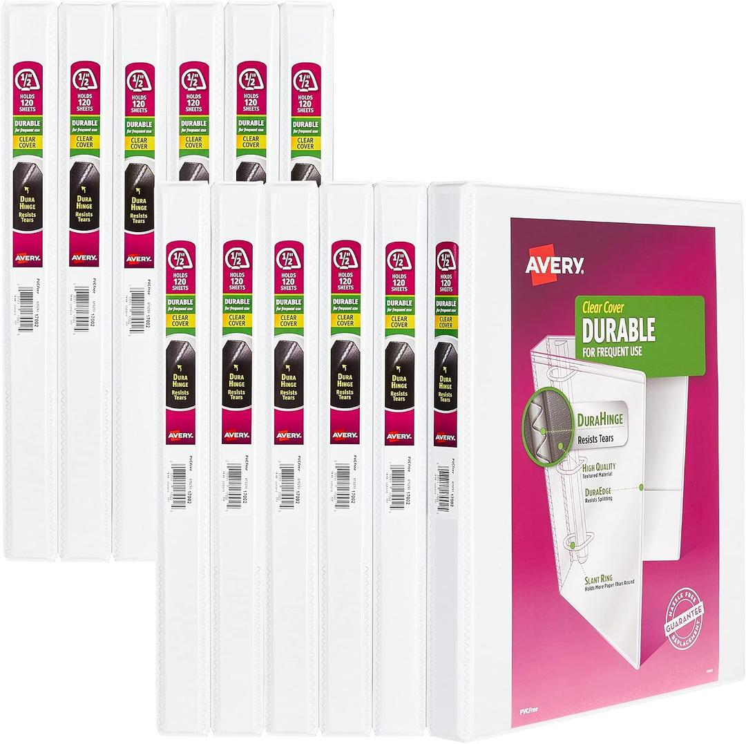 Avery® Durable View 3 Ring Binders, 0.5" Slant Rings, 12 White Binders