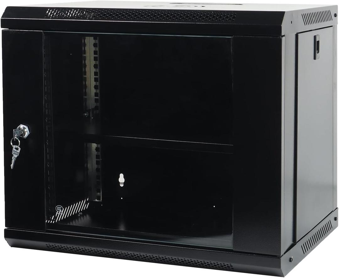 9U Black Wall Mount Network Server Cabinet with Glass Door, Locks, Removable Side Panels, for IT Equipment, A/V Devices