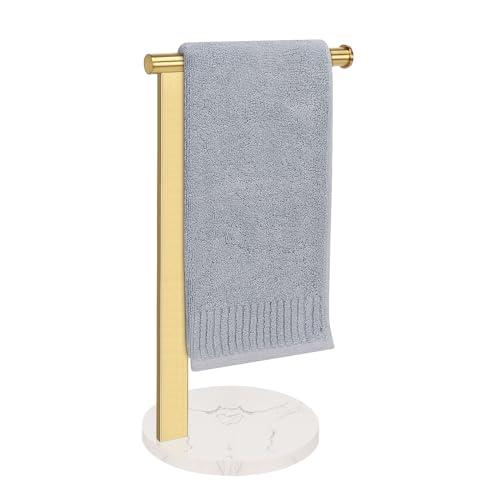 Siyzda Hand Towel Holder Stand for Bathroom, L- Shaped Standing Hand Towel Rack, Towel Bar Kitchen Vanity Countertop Organizer, SUS304 Stainless Steel Material (Marble Base, Gold)