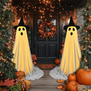 Halloween Decorations Outdoor Indoor, 2 Pack Spooky Ghost with Witch Hat, Scary Ghost Decorations with LED String Lights, Terrifying Halloween Decor for Home Outside Porch Garden Yard Lawn Party