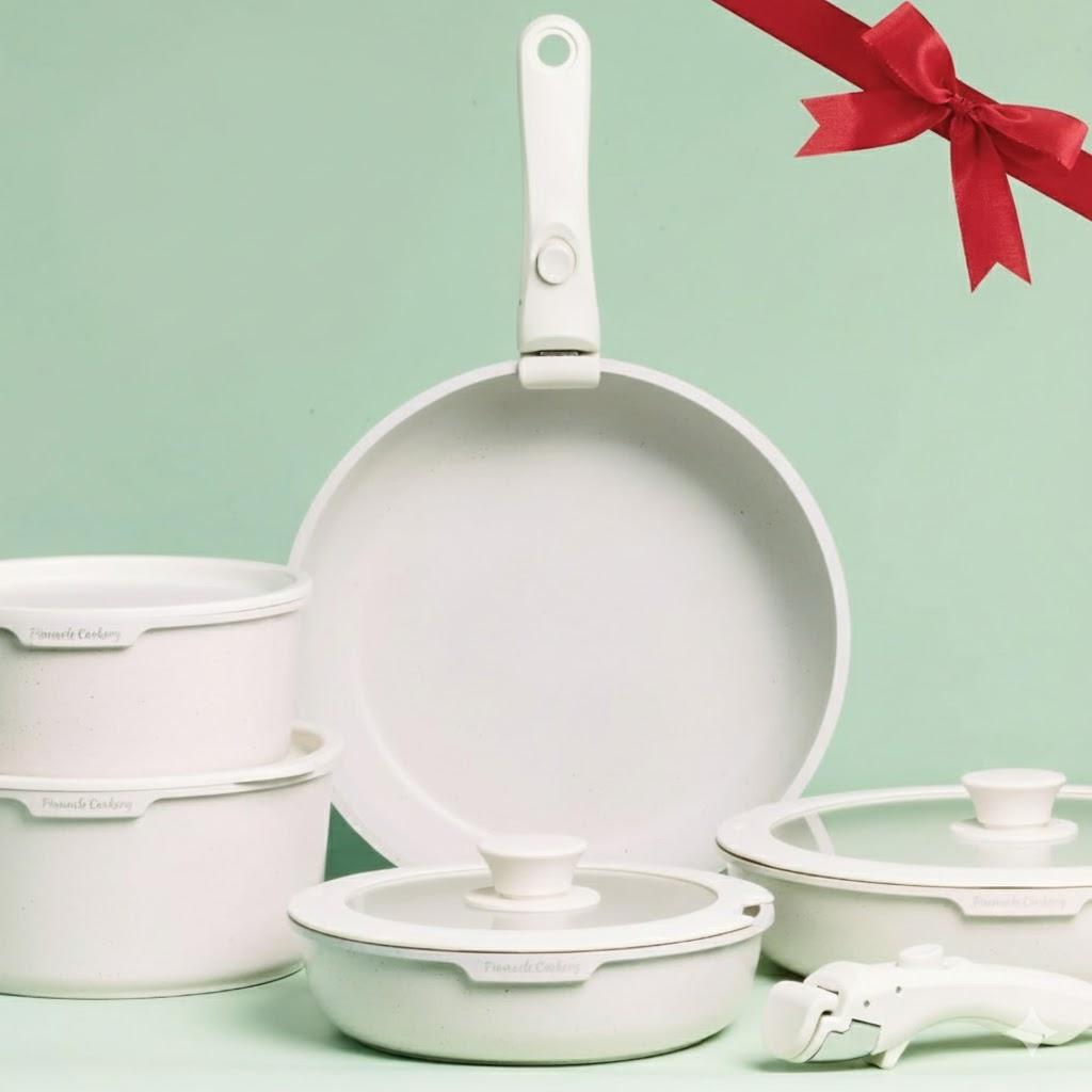 15-Piece White Granite Nonstick Cookware Set – Detachable Handles & Tempered Glass Lids – Stackable & Cool-Touch - Induction & Oven Safe to 480°F - Scratch-Resistant, PFOA & PFOS-Free