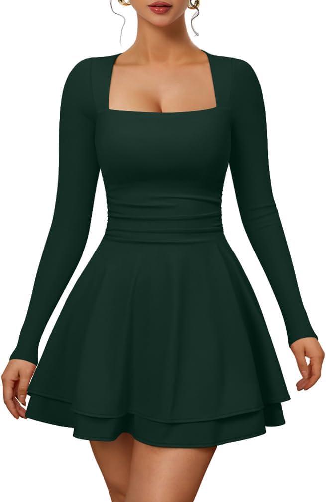 XXTAXN Womens Sexy Long Sleeve Square Neck Flowy Hem Ruched High Waist Party Mini Dress with Side Pocket, Dark Green, X Large