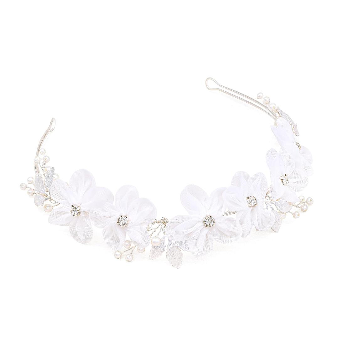 Oriamour Tulle Flower Headband, Flower Girl Headpiece, Pearl Silver, Wedding Hair Accessories, Tiara for Birthday, Party, First Communion