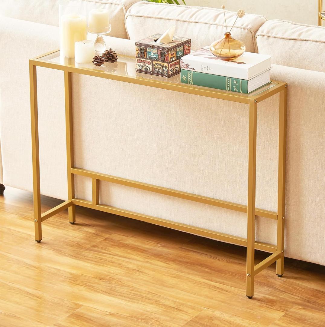 MAJARO Small Modern Console Table for Entryway, Tempered Glass with Metal Frame Sofa Table for Living Room, Hallway, Office (Single-Layer, Gold), 38.19 inches x 9.45 inches x 29.13 inches