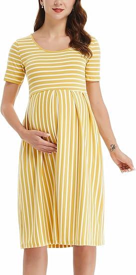 BBHoping Women’s Casual Striped Maternity Dress Short Knee Length Pregnancy Clothes for Baby Shower L