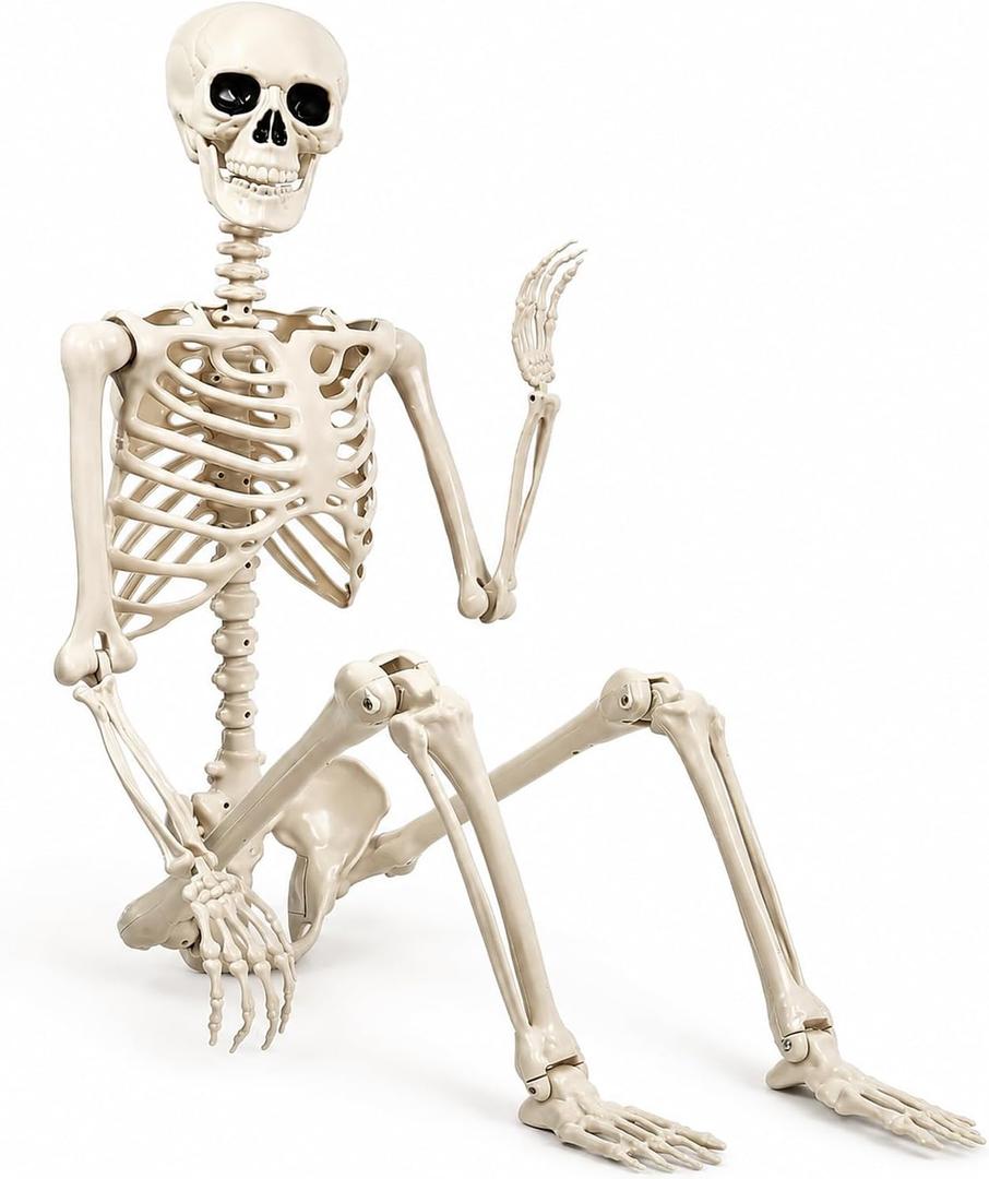 Halloween Skeleton Decorations, Life Size Skeleton, Full Body Posable Joints Skeletons for Halloween Outdoor Indoor Decor, Garden Graveyard Haunted Houses