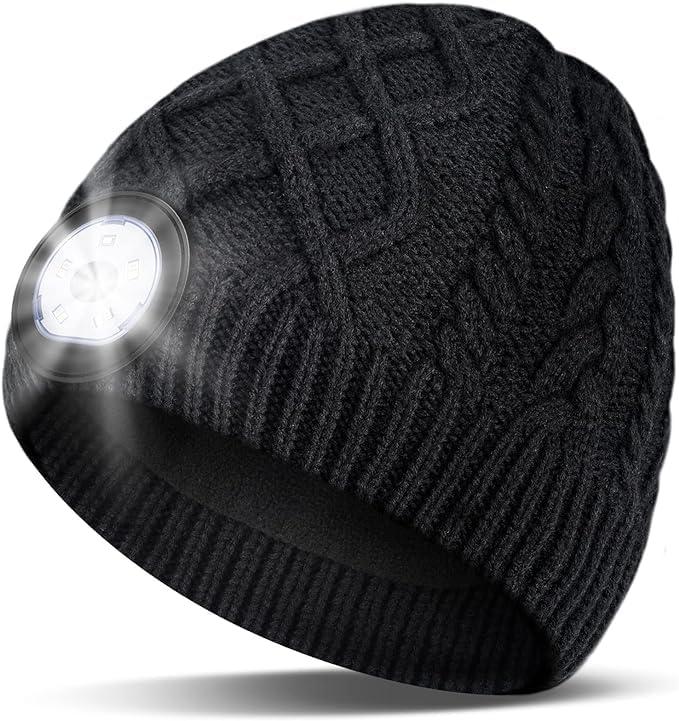 HIGHEVER LED Beanie Hat with Light: Christmas Stocking Stuffers for Men Adult Cool Gifts for Teen Boys Men Dad Winter Gifts (One Size-Large, Coal Black)