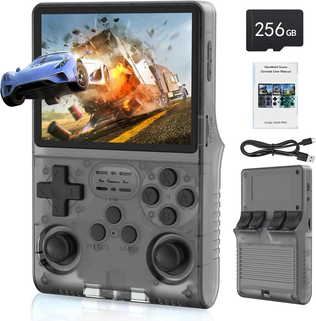 FVBADE[30000 in 1 R40S PRO Handheld Game Console 3.5 inch IPS Screen Mini Retro Console 3800mAh Portable Pocket Arcade 45+ Mainstream Emulator 256G TF Card Transparent.(Black)