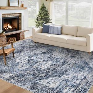 Area Rug 6x9 Washable Rug, Vintage Boho Medallion Rugs Non-Slip Soft Low Pile Large Distressed Rug Indoor Retro Carpet for Living Room Bedroom Dining Room Home Office (Blue, 6'x9')