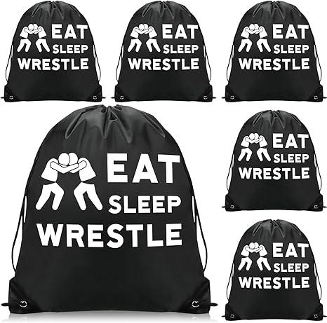 Chunful 6 Pieces Wrestling Sport Pack Cinch Sack Eat Sleep Wrestle Drawstring Backpack Wrestling Bag for Women Men Teens Wrestle Fans Sport Gym