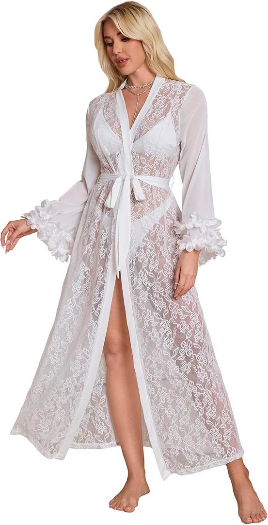 OYOANGLE Women's Long Lace Nightgown Appliques Sheer Mesh Bride Bridesmaids Wedding Kimono Robe White Medium