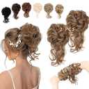 2PCS Messy Bun Hair Piece Tousled Updo with Tendrils Wavy Curly Hair Bun Scrunchies Ponytail Extension Elastic Band Hairpieces For Women (Light Brown mix Ash Blonde)