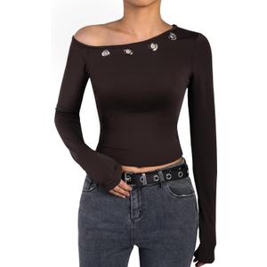 Remidoo Women Off The Shoulder Crop Top T Shirt Long Sleeve Tops Sexy Fitted Shirts Brown Medium (M)