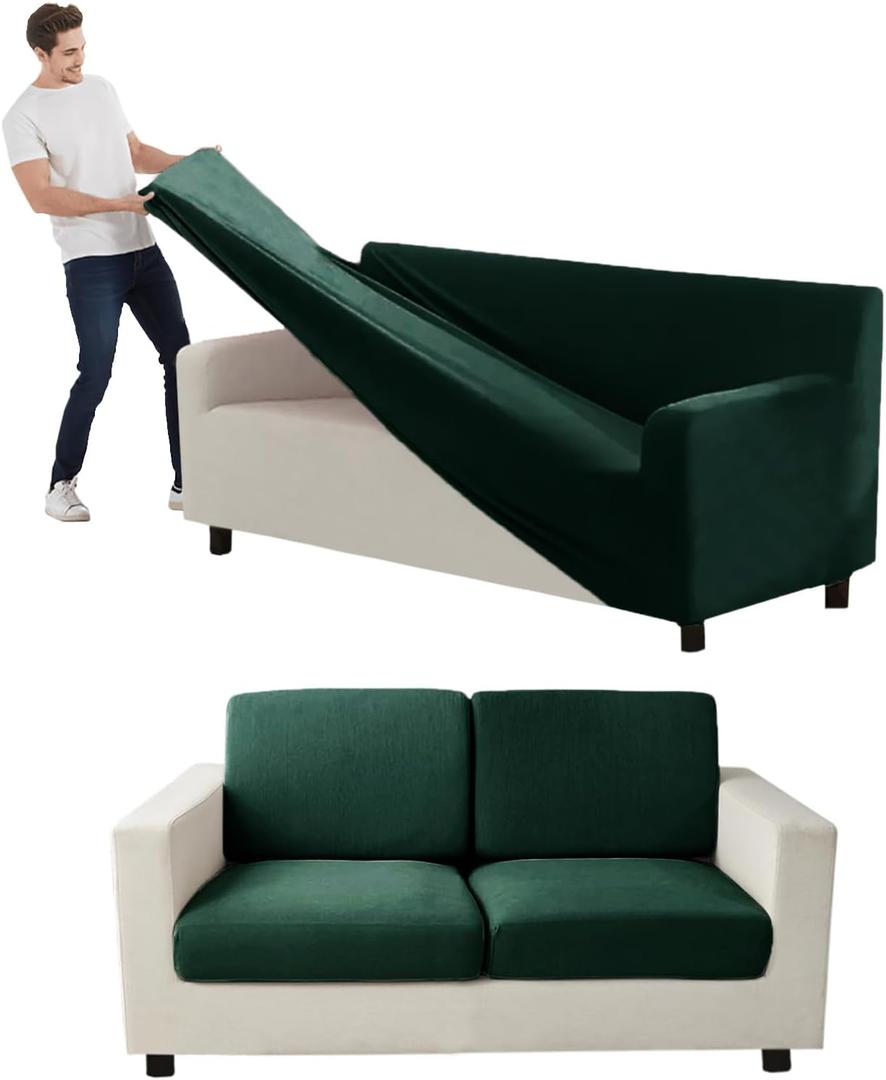 Couch Cover Velvet, Stretch Sofa Covers for Separate Main Cover/Backrests and Seat Cushions Couch Cover, for Living Room Furniture Slipcovers (Dark Green,Large Main 5 Piece)