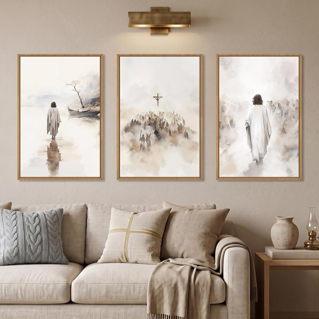 Jesus Christ Walking On Water Scenes Framed Canvas Wall Art Set-16"x24"x3