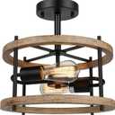 Lakumu 2-Light Retro Semi Flush Mount Ceiling Light Fixture, Rustic Vintage Wood Ceiling Light Black Metal, Industrial Farmhouse Ceiling Lamp for Hallway Entryway Bedroom Balcony Farmhouse Dining Room, 12.8"