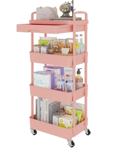 Calmootey 4Tier Rolling Utility Cart with Drawer,Multifunctional Storage Organizer with Plastic Shelf & Metal Wheel,Storage Cart for Kitchen,Bathroom,Living Room,Office,Pink