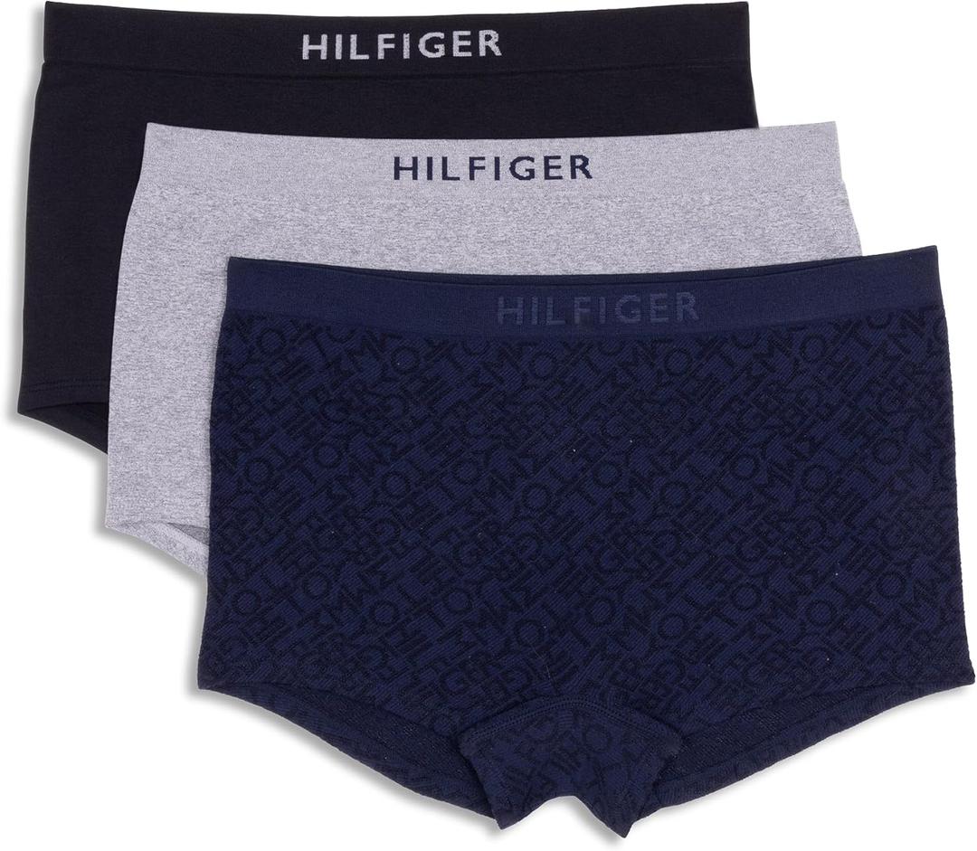 Tommy Hilfiger Women's Seamless Matte & Shine Boyshort Underwear 3-Pack (Large, Sky Captain/Heather Grey/Black)