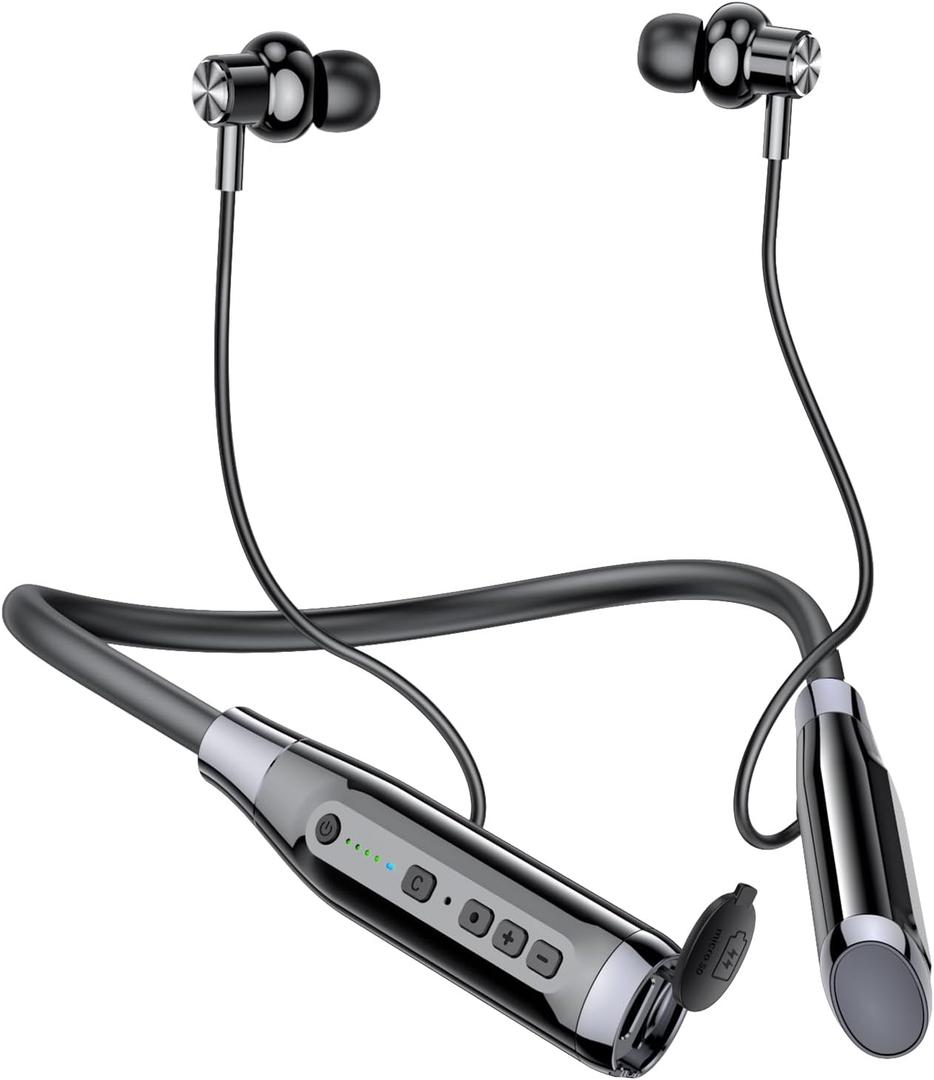 Kinobo Neckband Bluetooth Headphones6.0 Bluetooth 120 Hours PlaytimeIPX7 Sports Waterproof Earbuds with Microphone Noise Cancelling with TF Card Slot HiFi Stereo (Black)